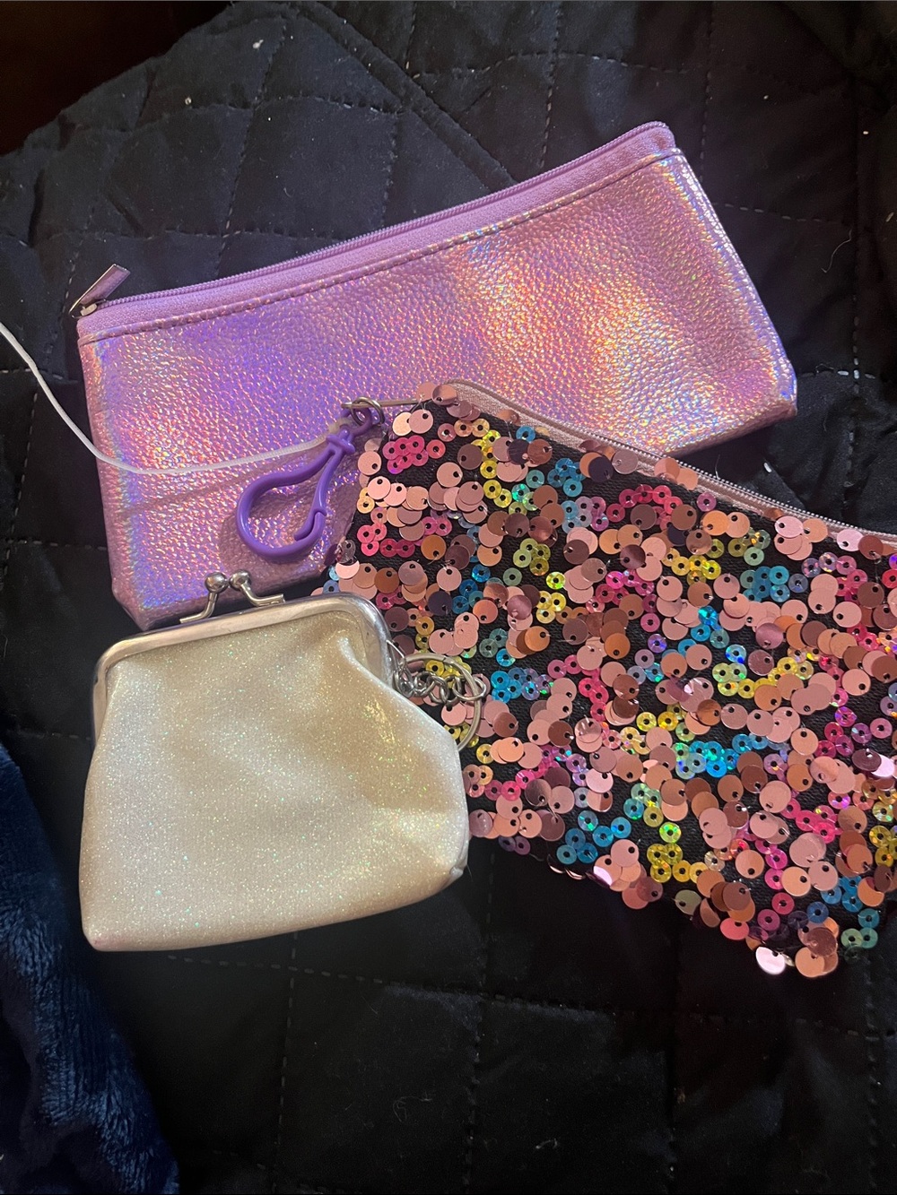 Iridescent Purple Cosmetic Pouch Trio Sequin Clip on pouch coin purse trio 56